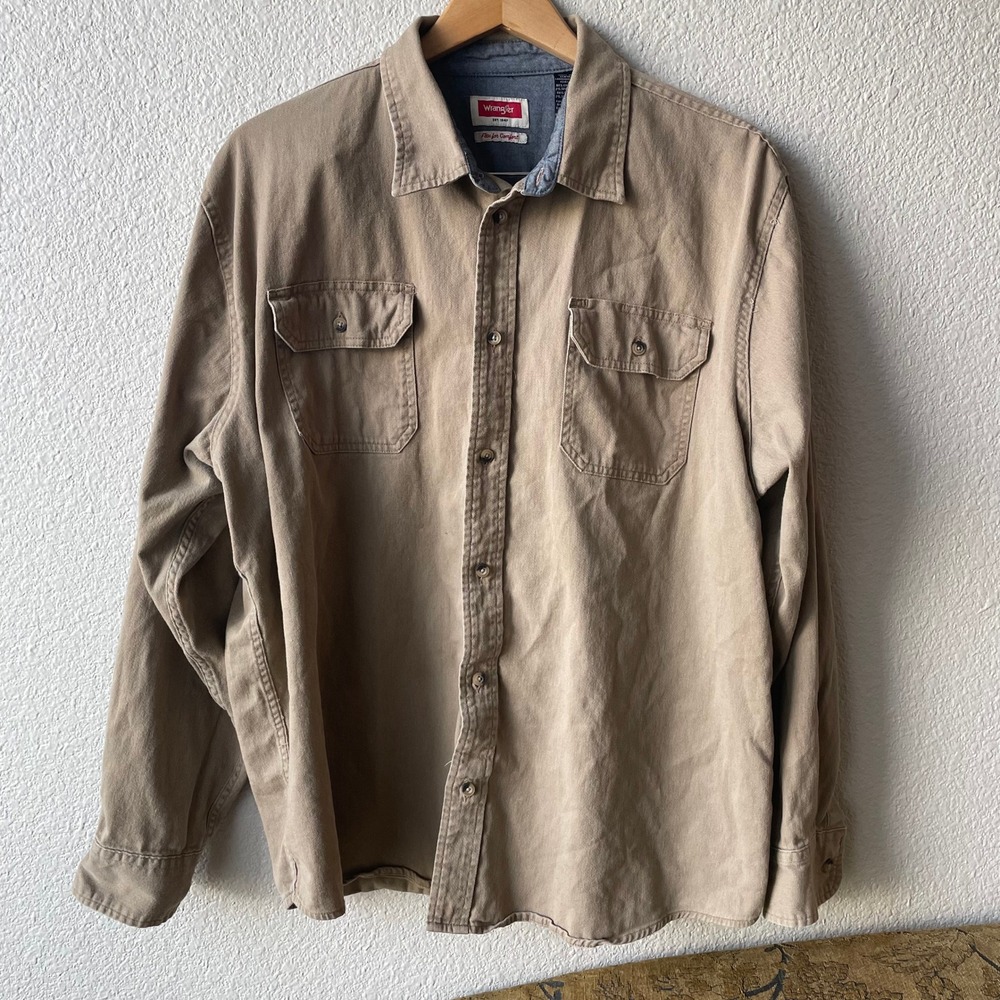 Wrangler Flex for Comfort Mens Size XL Tan Cotton Spandex Long Sleeve Work Shirt